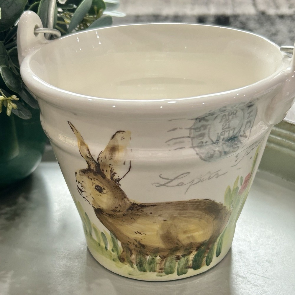 Maxcera Postcard Bunny Rabbit Vintage Bucket w/ Wood Handle Ceramic Easter